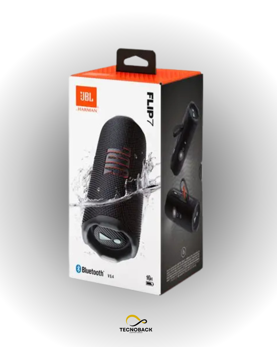 Bocina JBL Flip 7 en su caja, resistente al agua, con conectividad Bluetooth y diseño moderno.